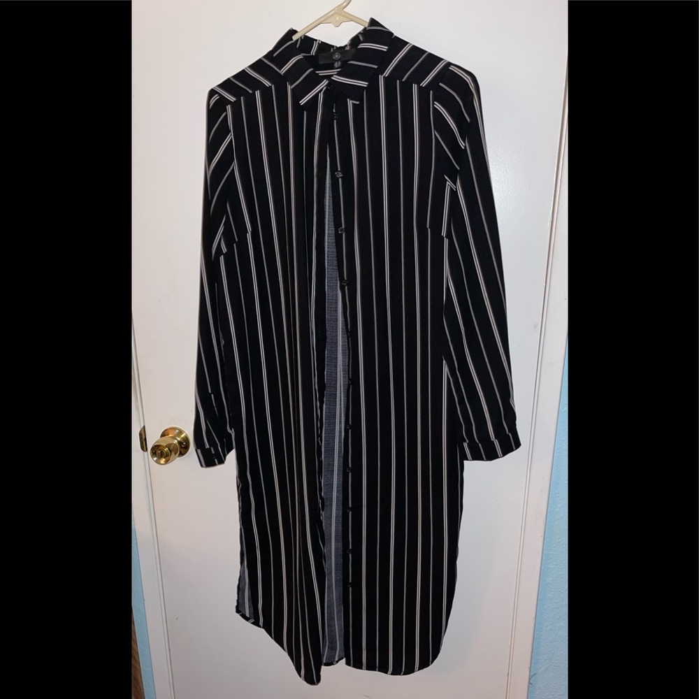 Black and White Pinstripe Long Sleeve Button Down Dress